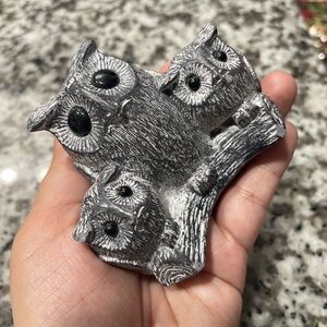 Gray Owl Figurine Wolf Original Sculpture Hand Carved Soapstone Owl Family